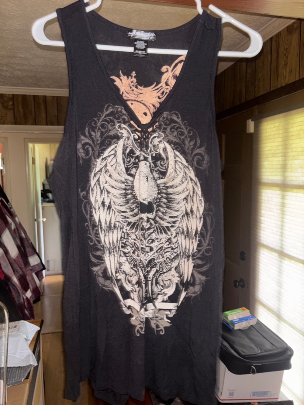 Black Graphic Tank Top with Winged Skull Design